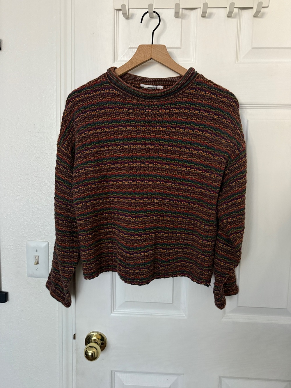 Vintage Style Multicolor Striped Textured Knit Crewneck Sweater Small